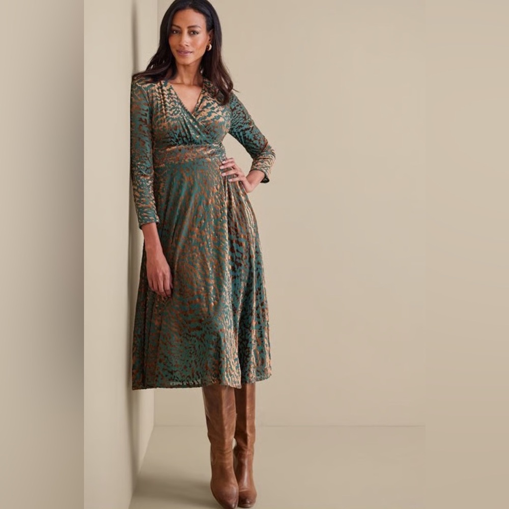 Soft Surroundings Green and Gold Animal-Print Wrap Midi Dress